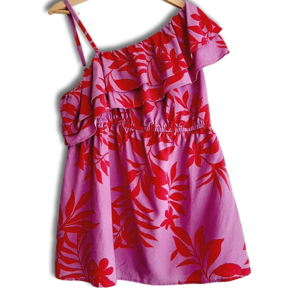 🍒 Old Navy Maternity Ruffle-Trim One-Shoulder Top Floral Purple Sz L